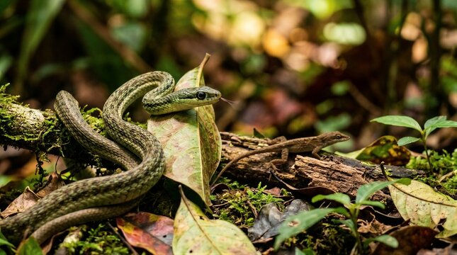 Green snake coils through leafy forest floor. Moss and fallen leaves surround the creature. Natural light filters through the canopy above. Calm, hidden wildlife scene in dense jungle habitat