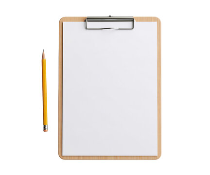 Clipboard with a blank white sheet of paper and a yellow pencil isolated on transparent background