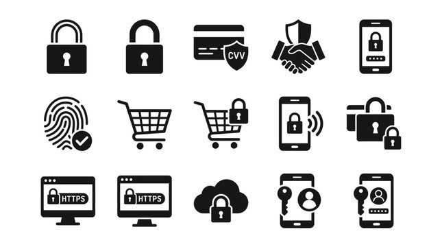 Cybersecurity icon set featuring padlocks credit card fingerprint and online payment security symbols