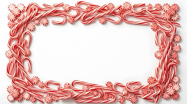 Frame made of candy canes and peppermint candies isolated on white background
