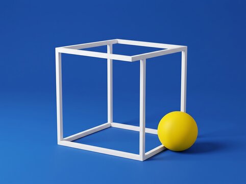 White cube frame and yellow ball isolated on transparent background