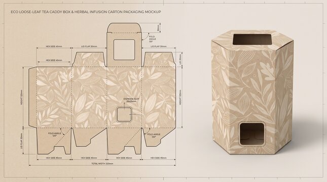 Eco Hexagonal Tea Caddy Box Packaging Mockup with Dieline Template