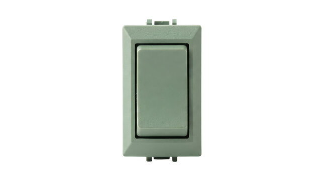 Close-up studio shot of a single muted sage green modular light switch mechanism featuring a textured matte plastic surface, beveled rectangular frame, central rocker button, and isolated on white