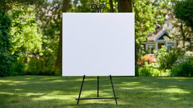 Blank white foam board on black easel in green backyard garden