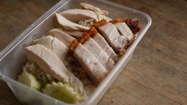 Thai chicken rice with sliced poached chicken, crispy roasted pork belly and cucumber in a clear plastic takeaway container on a weathered wooden table