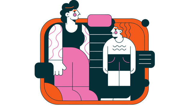 Stylized illustration of two people, one significantly taller than the other, within a graphic frame, representing difference, comparison, or growth.