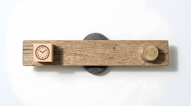 A wooden plank balanced on a round stone fulcrum, comparing time and money with a wooden clock block on the left and a stack of euro coins on the right, symbolizing time is money concept.