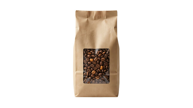 A vertical brown craft paper coffee bag featuring a rectangular clear plastic window at the lower center displaying many brown roasted coffee beans inside against a pure solid white background