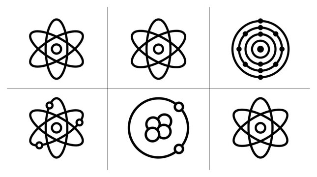 Atom icons set with orbits and electrons, science and research symbols for logos