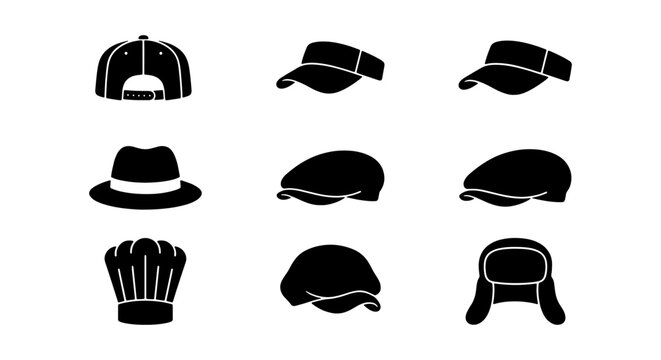 Headwear silhouettes set with baseball cap, fedora, visor, beret, and chef hat for fashion and design