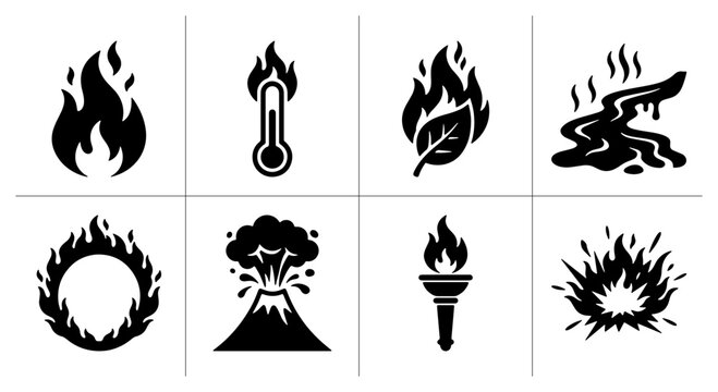 Fire and heat icons set with flame, thermometer, leaf, lava, ring, volcano, torch and explosion