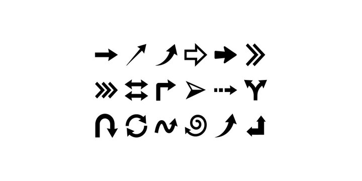 Black arrow icons set featuring various direction pointers curves loops and navigation symbols for interface design.