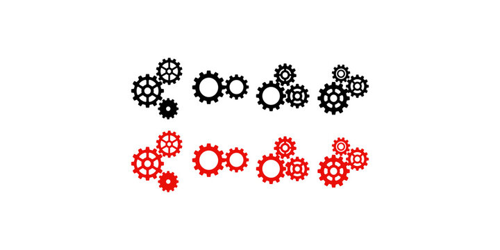 Gear wheels collection in black and red color schemes for industrial engineering mechanical and technology concepts.