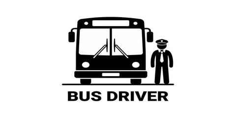 Bus driver standing next to bus with text, representing public transportation career on transparent background. © Zohaib Masih
