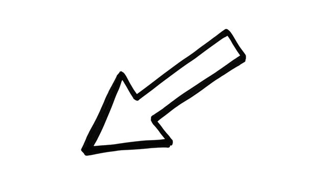 This minimalist illustration features a thick black arrow drawn in a doodle style pointing downwards and to the left against a gray backdrop.