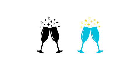 Two elegant champagne glasses vector icon with sparkling stars celebrating new year party or wedding anniversary. © Zohaib Masih