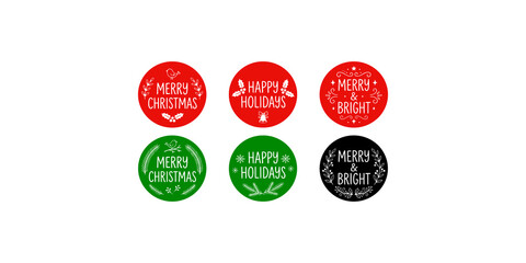 Collection of round Christmas stickers with festive greetings and winter holiday themes in red green and black. © Zohaib Masih