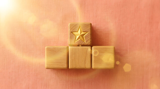 Four wooden toy blocks arranged as a winners podium with a glowing golden star on top, set against a warm textured pink background with bright sun flares, representing success, achievement and