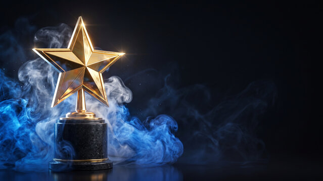 Golden Star Trophy Award with Blue Smoke Background Success Concept