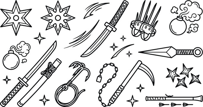 Traditional ninja weapons and assassin tools minimalist doodle line art set