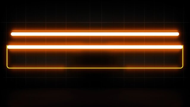 Bright orange neon lines form rectangle, horizontal layout. Dark background enhances glow, creating futuristic effect.