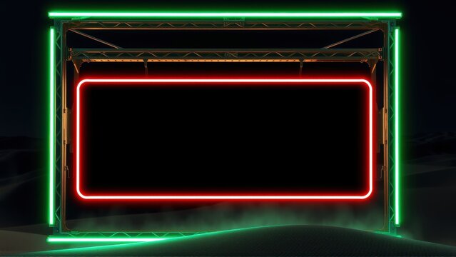 Neon frame, rectangular shape, dark background. Green outer glow, red inner outline. Minimalist design, futuristic aesthetic. Fog present.