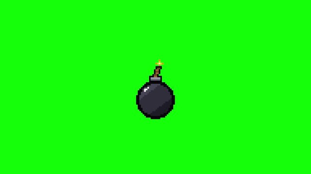 8-Bit Pixel Art Black Bomb with Burning Fuse Countdown Animation, Seamless Loop. Green screen Background.