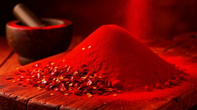 Bright red chili powder and dried chili flakes on rustic wooden surface with mortar and pestle in background