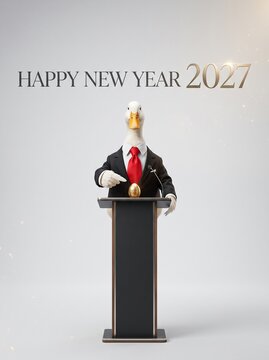 A dapper white duck dressed in a formal black business suit and red tie stands behind a modern wooden podium, pointing a wing at a golden egg during a corporate presentation in a studio