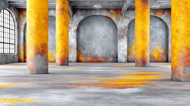 An empty industrial loft interior featuring weathered concrete walls, arched alcoves, large windows, and rusted yellow pillars.Architecture and interior design blogs, real estate portals