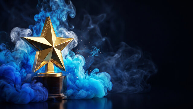 Golden Star Trophy Award with Blue Smoke Background Success Concept