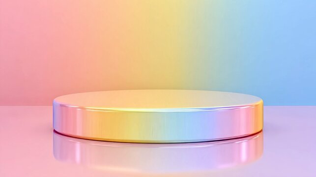 Empty circular podium with a soft rainbow gradient finish resting on a reflective pastel studio background.   
