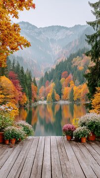 A wooden pier lined with potted flowers looks out onto a calm mountain lake framed by colorful autumn foliage and misty peaks.Travel and tourism websites, eco-resort booking portals, outdoor activity 
