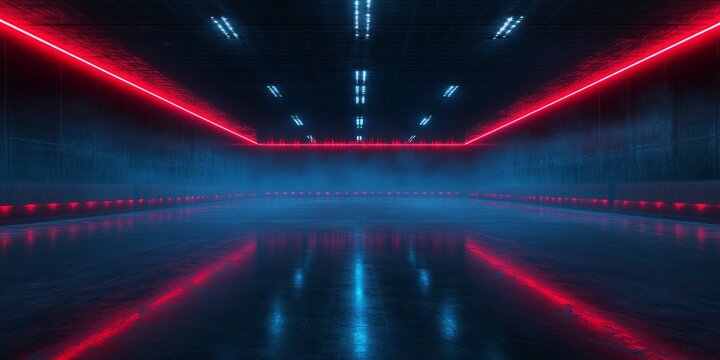 An empty futuristic dark room featuring red and blue neon lights reflected on a glossy floor with light fog.   