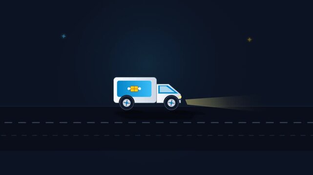 Animated white delivery truck driving on a dark night road vector graphic