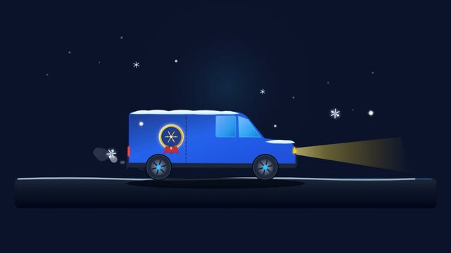 Blue delivery van driving at night in winter with snow falling animation
