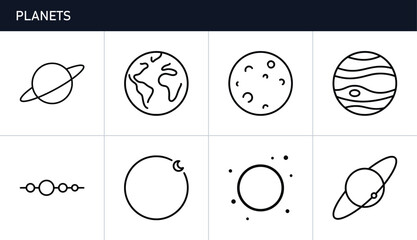 Planet icons set with Earth and Saturn, space exploration and astronomy symbols © Robiul