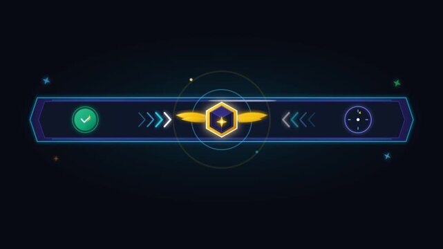 Futuristic digital HUD interface bar with glowing emblem and neon elements