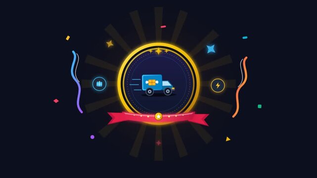 Fast delivery service badge animation with golden frame and confetti