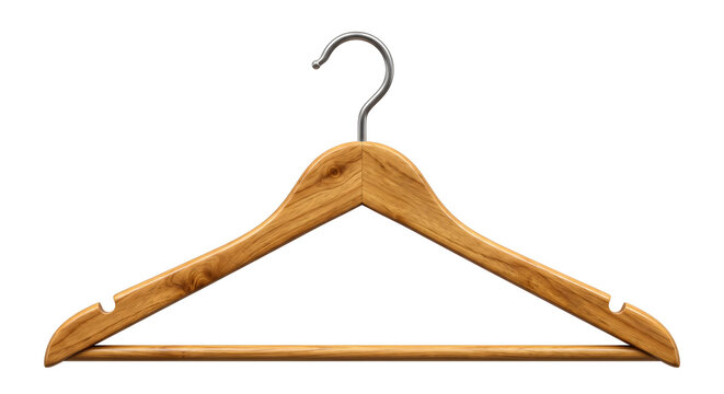 Wooden clothes hanger with silver hook isolated on transparent background for home closet wardrobe storage.