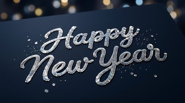 Happy New Year typography made of silver sequins on dark background for holiday greeting card design