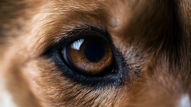 Close up of a dog s eye with rich brown iris and detailed fur texture around the eye socket