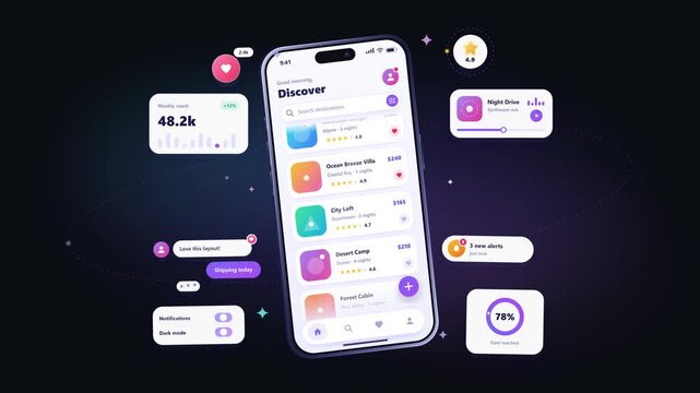 Modern smartphone with floating user interface widgets and application screens for digital design concept