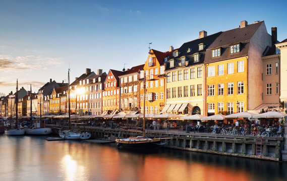 Panorama of Copenhagen canal Nyhavn at sunset, Denmark