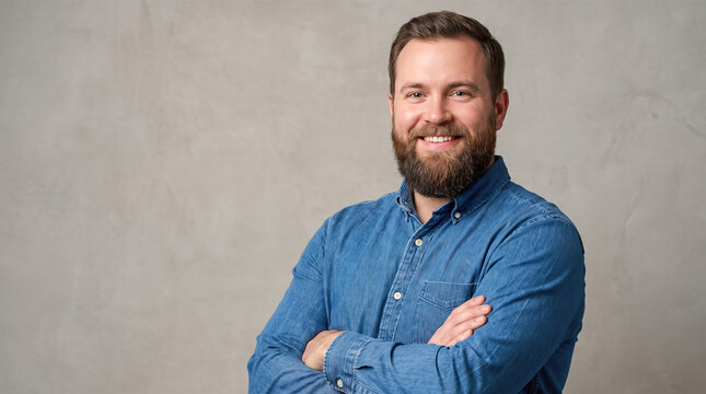 cheerful caucasian man with brown beard smiling and folded arms wearing casual blue denim shirt standing against textured grey wall background