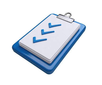 3d icon of a blue clipboard with a stack of white papers and check marks isolated on transparent background