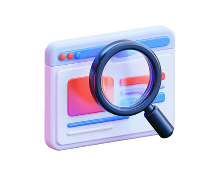 3d icon of a web browser window with a magnifying glass isolated on transparent background