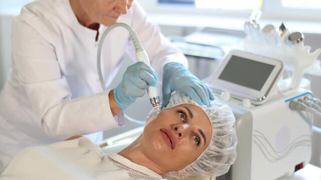 Young woman receiving facial procedure with attachment producing water with hydrogen and oxygen ions, ensuring deep penetration into dermis, relieving skin of blackheads. Modern hardware cosmetology 