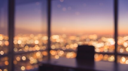 Plakat Blur softens glowing city skyline at dusk. Panoramic office windows reveal purple twilight. Urban bokeh conveys ambition success luxury