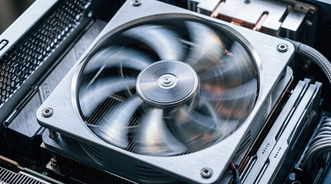 High performance computer cooling fan with brushed metal frame spinning fast inside desktop PC case for hardware temperature control and ventilation